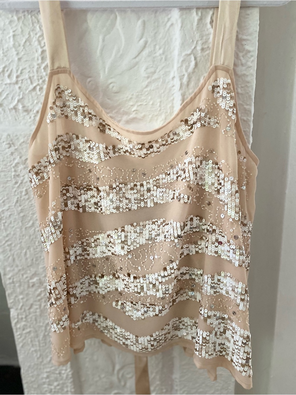 Anthropologie Beaded Nude Sequin Tank tie back  Top